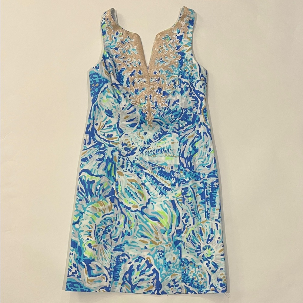 Lilly Pulitzer Gabby Shift Dress 00 Bennet Blue Salty Seas beaded embellished